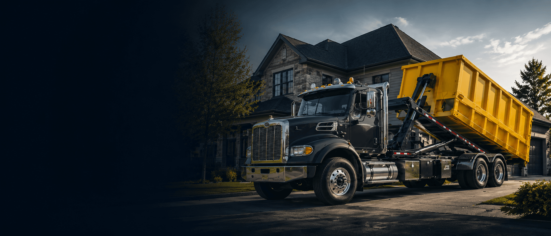 Pav-Co Dumpsters truck delivering a roll-off dumpster to a driveway