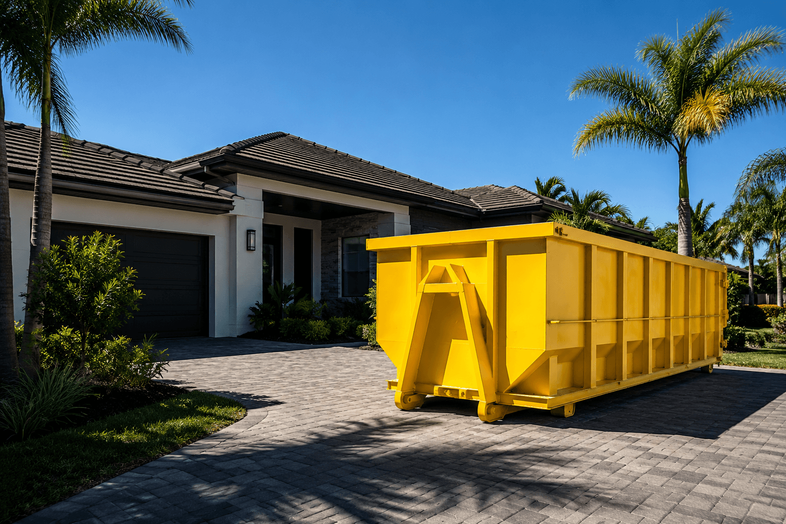 Roll-off dumpster delivered to a driveway in Port St. Lucie, FL